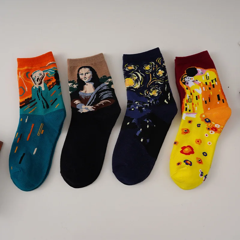 

4 pairs of hot-selling Van Gogh retro literary women's socks Mona Lisa abstract oil painting tube men's and women's cotton socks