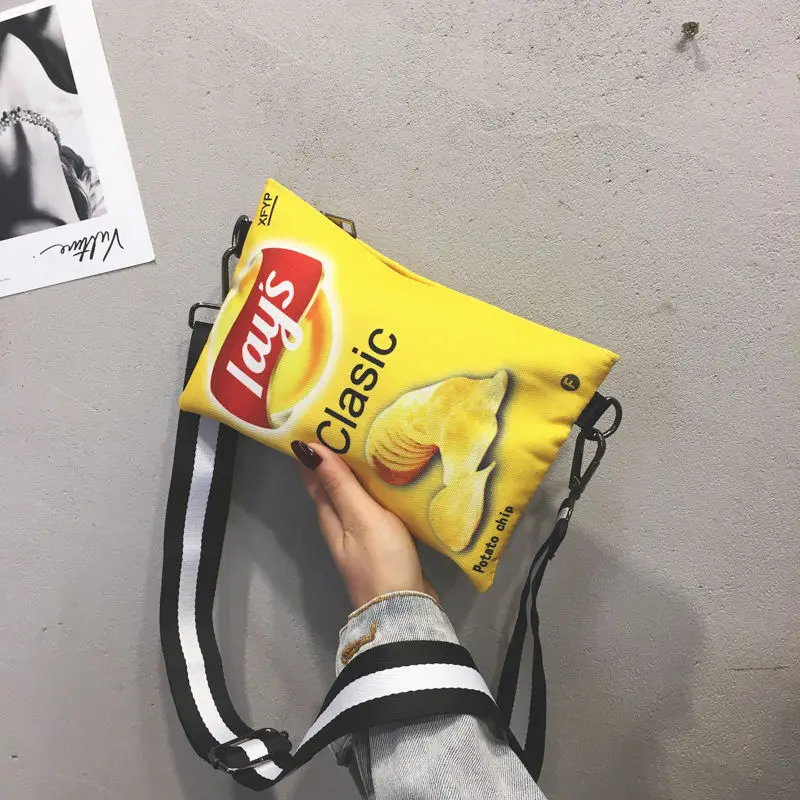 

Funny Potato Chips Crossbody Handbag Women Canvas Shoulder Bag Mini Cartoon Printing Girl Envelope Bags Female Clutch Cute Purse