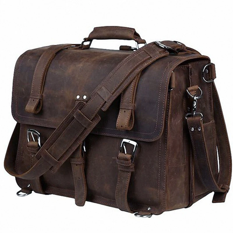 

New Vintage Genuine Leather Men Briefcase Business Bag Large Leather Briefcase Male 15.6"Laptop Case Shoulder Bag Office