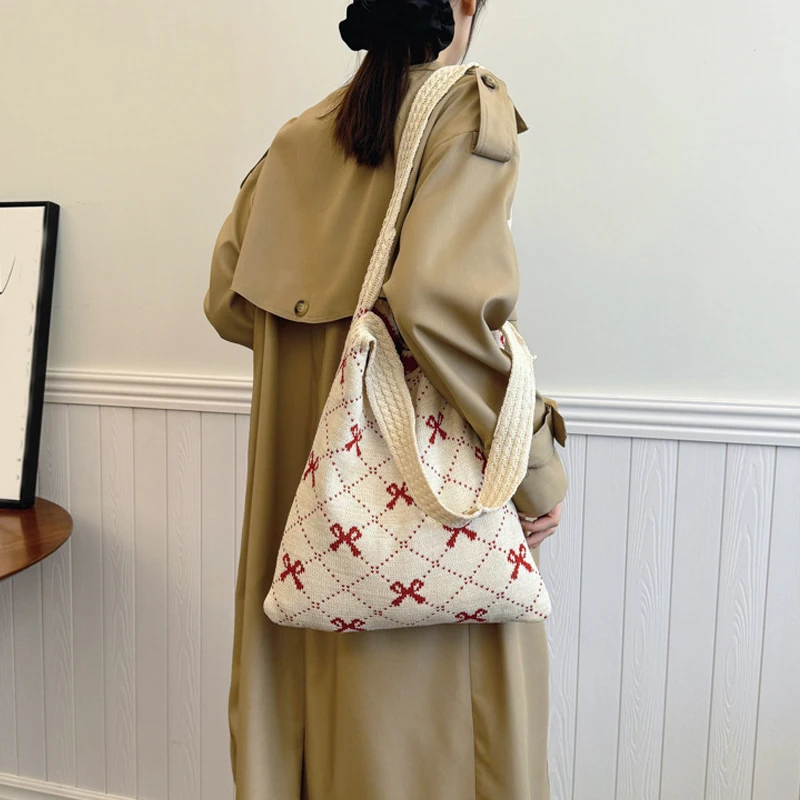 Women's Bow Knitted Eco Bag Korean Foldable Crochet Rope Shoulder Sweet Knitting Handbag Ins Tote Bag Shopper