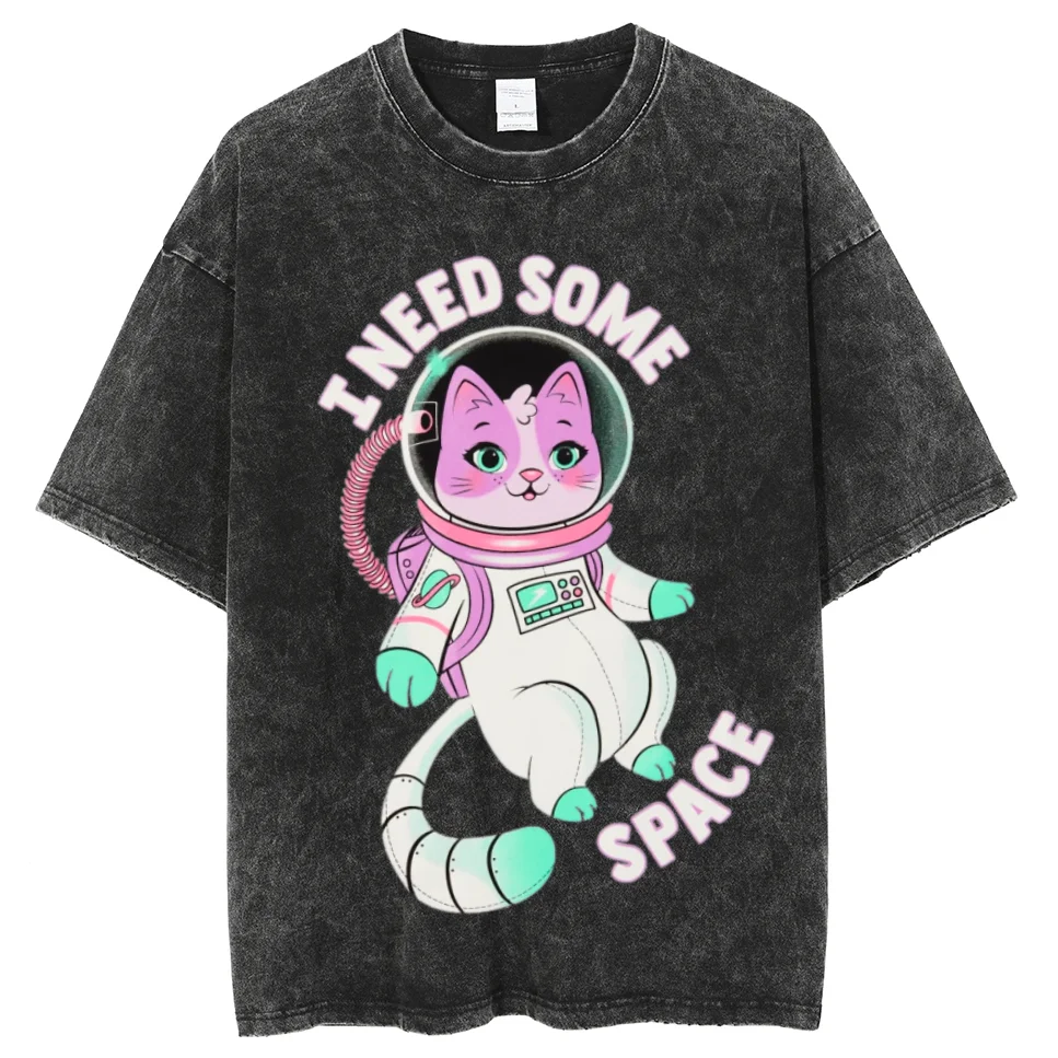 

Футболка джинсовая с принтом в виде милых космических кошек, свободная рубашка из денима с высоким весом в граммах, с круглым вырезом, в стиле ретро, с короткими рукавами
