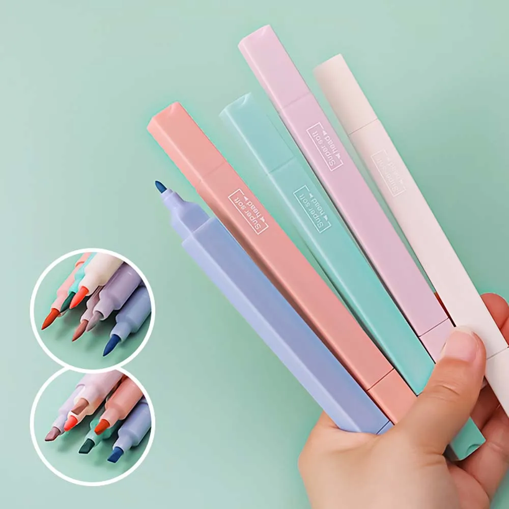 6 Stks/set Soft Tip Dubbele Hoofd Markeerstift Licht Kleur Kawaii Marker Fluorescerende Pen Scrapbooking Schilderen Briefpapier