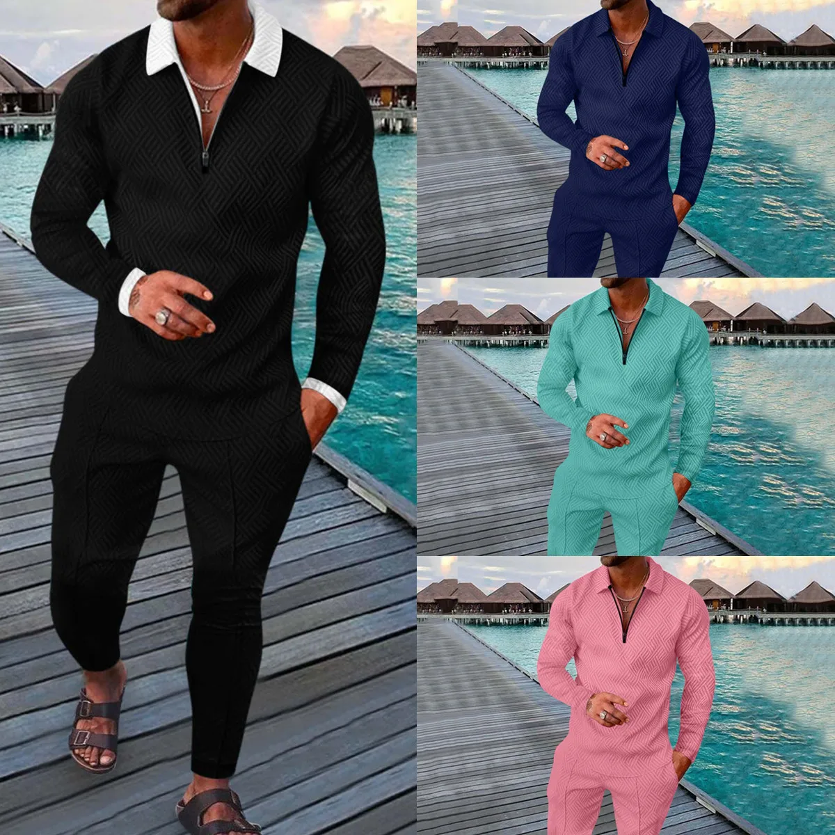 2023 Spring Lapel Long sleeved Polo Shirt Beach Long 2 Piece Sets