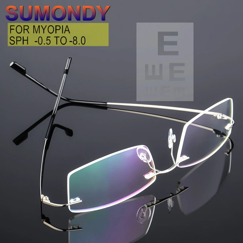 Nearsighted Glasses Myopia 0.5 To 8.0 Women Men Rimless Alloy Frame
