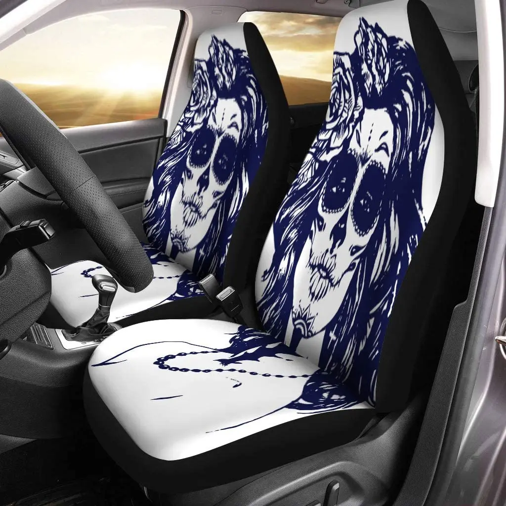 15 Pieces Skull Sunflower Car Front Seat Cover Car Accessories Set Sunflower Print Steering Wheel Cover Seat Belt Pads Armrest Pad Handbrake Gear Cove 15-Piece Skull Sunflower Car Interior Set - Seat Covers, Steering