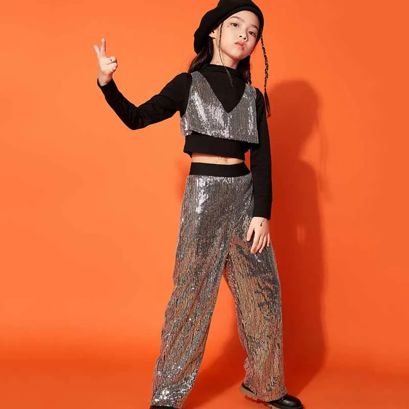 

New Girls Jazz Dance Costumes Boys Street Dance Hip Hop Clothes Silver/Green Sequin Suit Children Catwalk Show Outfits DQL7149
