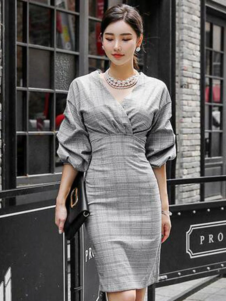 

Fashion Elegant Midi Dress for Women Temperament Formal Chic Lantern Sleeve Slit Wrap Hip Gown Femme Work Wear Street Vestidos