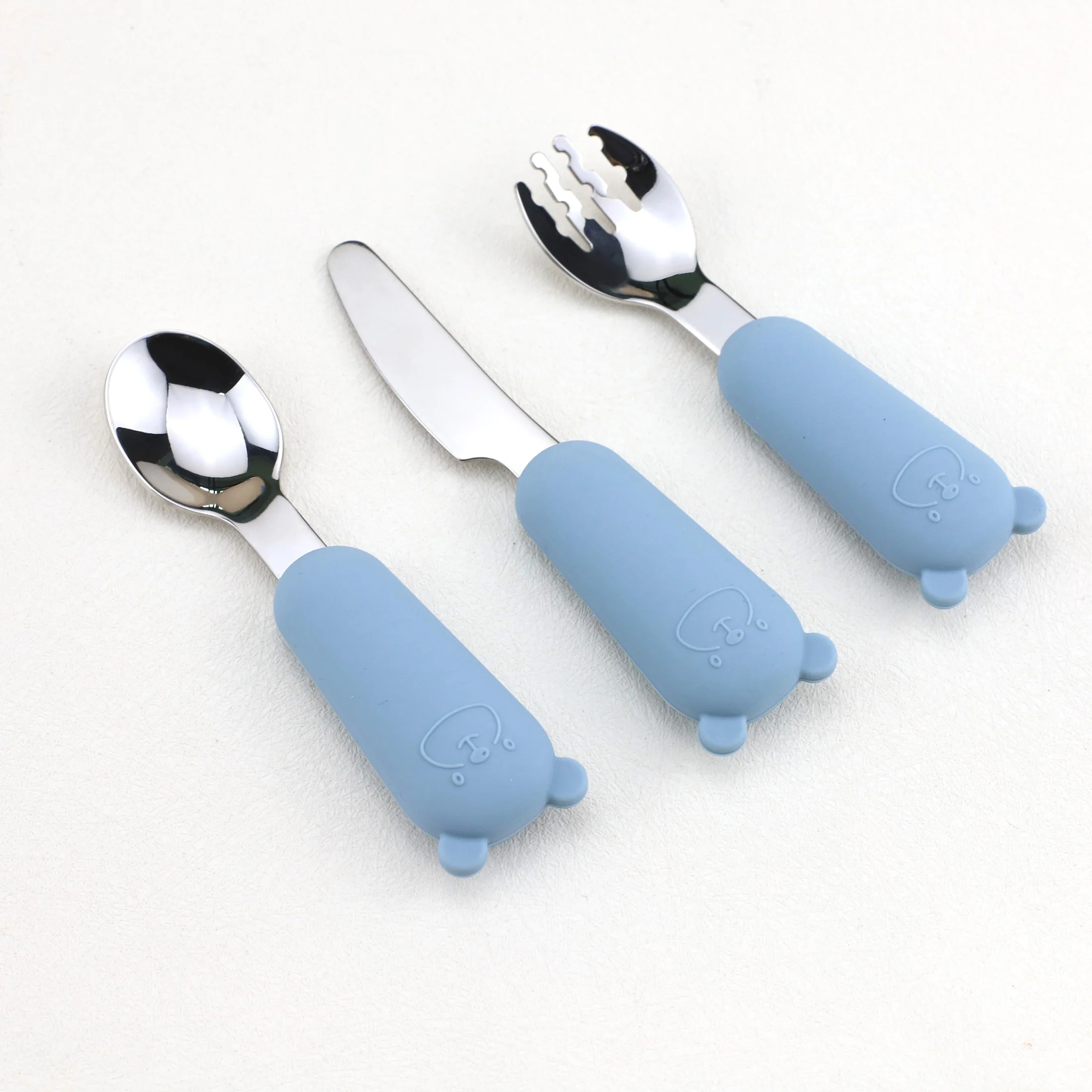 New Cartoon Bear Stainless Steel Spoon Fork Knife 3-Piece Set Silicone Tableware Set
