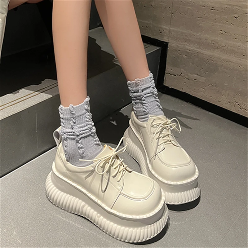 Spring and Fal Leather Thick Sole Platform Chunky Heels Women Pumps Solid Color Up Round Toe Fashion Concise Casual Female Shoes