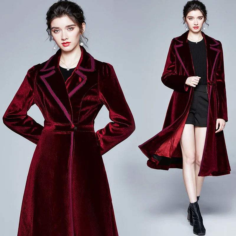 

JAMERARY Fashion Autumn Winter Midi Trench Women Elegant Velvet Windbreaker Lady Notched A Line Long Sleeve Coats