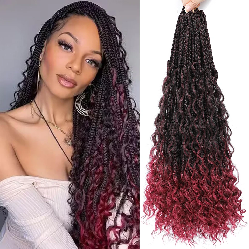 14 20 Inch Grey Goddess Box Braids Crochet Hair With Curly Ends Burgundy Blonde 1B Boho Box Braids Extensions Bohomian Braiding