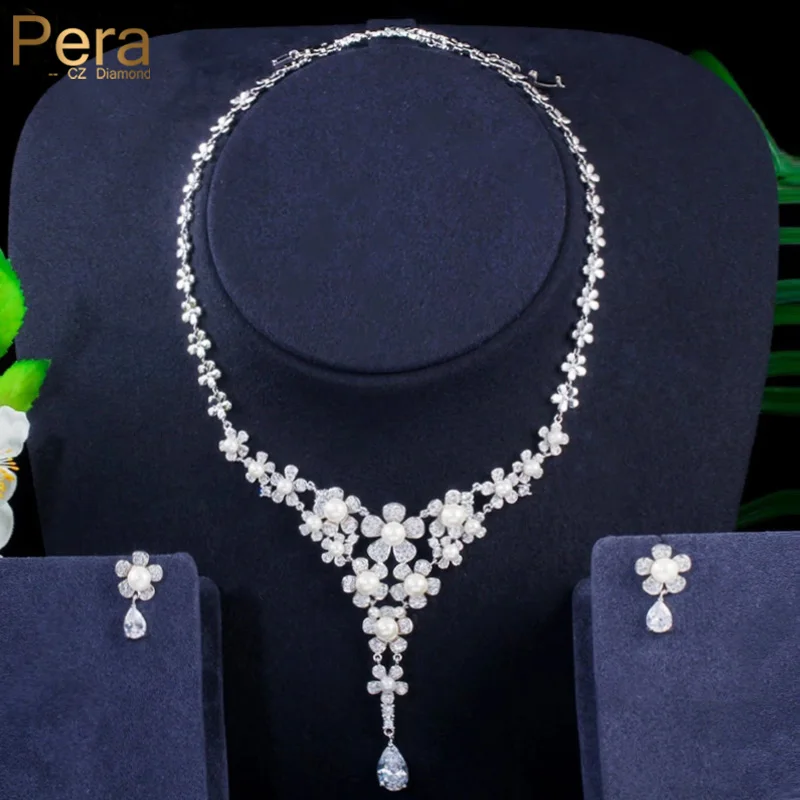 

Pera Romantic Long Flower Pearl Drop Bridal Jewelry Sets White Cubic Zircon Earrings Necklaces for Women Engagement Gift J281