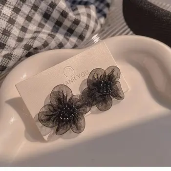 Vintage Korean Fashion Black Flower Earrings For Women Jewelry 2025 Trending New Autumn Winter French Women's Lace Earrings Gift