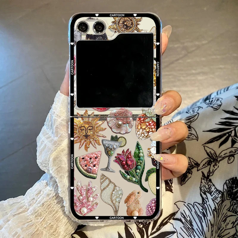 Retro Beaded Heart & Flower Pattern Folding Phone Case - Fashion Cocktail Fruit Design, Clear PC Cover