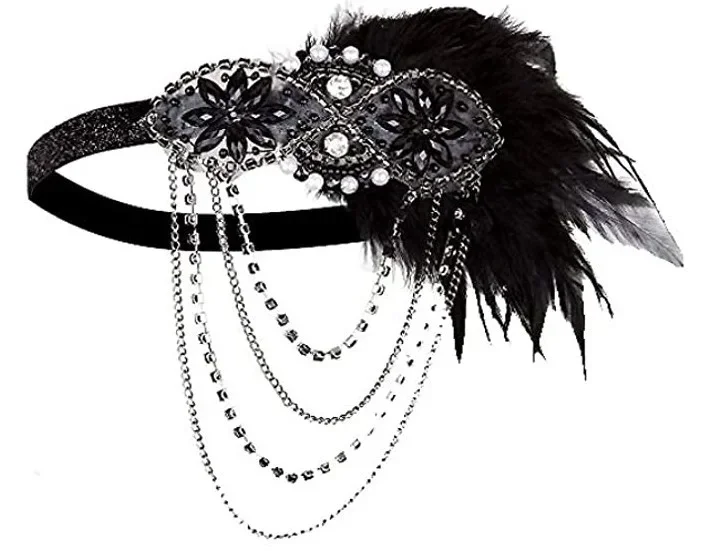 1920er Jahre Party Federketten Cosplay Requisiten Charleston Zubehör Damen 20er Jahre Flapper Kleid Kopfschmuck Great Gatsby Perlen Stirnband – Detail 1