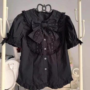 2025 New Summer Puff Sleeve Bow T-shirts Women's Design Kawaii Lace Slim Lapel Lovely Blouse Female Japanese Sweet Fashion Tops 1