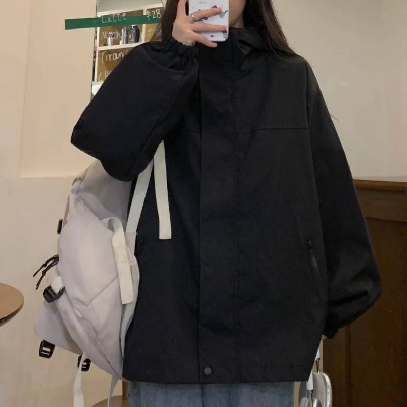 

HOUZHOU Vintage Black Jacket Women Streetwear Oversize Fashion Windbreaker Hooded Zip-up Jackets Korean Autumn Clothes Harajuku