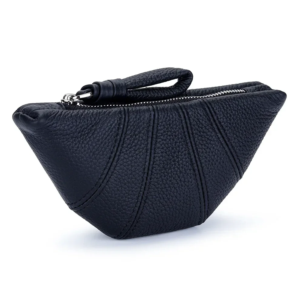 Genuine Leather Coin Purse Pouch for Women Fashion Cowhide Grain Leather Brand Mini Wallet Metal Zipper with Real Leather Handle