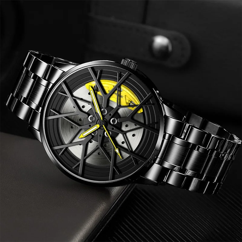 BORUSE Fashion Mens Car Wheel Watches Luxury Stainless Steel Waterproof Watch Men Quartz Wristwatch Male Clock relogio masculino
