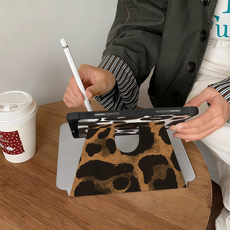 Denim Brown Leopard 360° Rotatable Tri-Fold Case with Pencil Slot and Auto Sleep/Wake Function