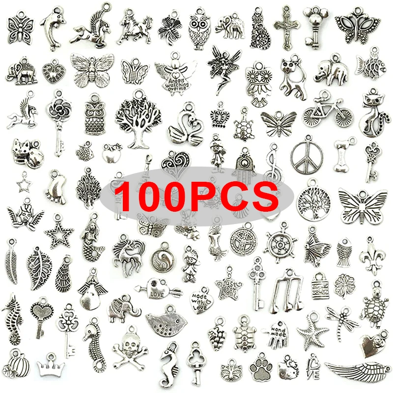 

100pcs Retro Silver Mixed Charms Tibetan Pendant Animal Beads for Jewelry Making Bracelet DIY Earring Necklace Spacer Bead Craft