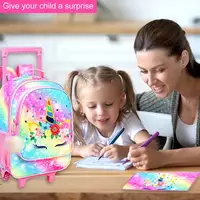 Rolling Backpack for Girls and Boys Kids Unicorn Dinosaur Bookbag with Roller Wheels Suitcase School Bag Set 6