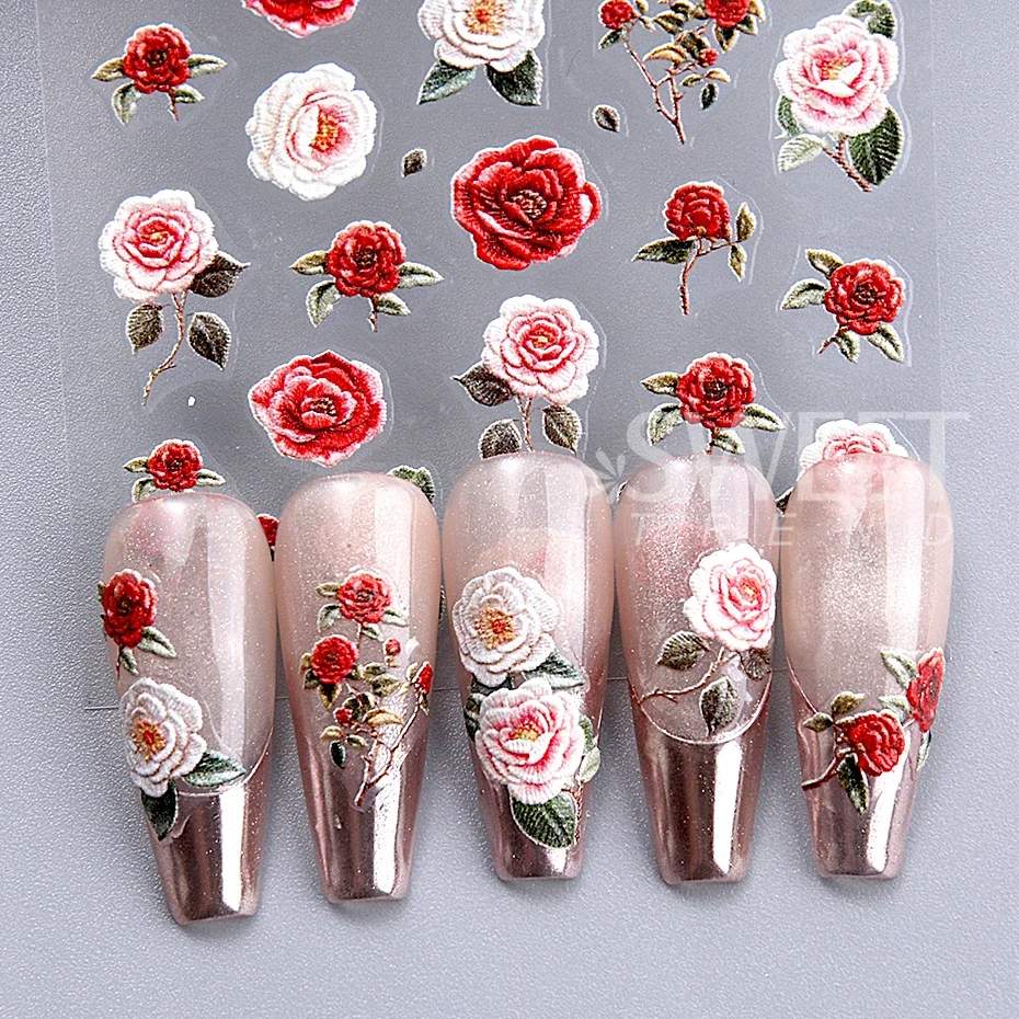 Red Rose Flower Nail Art Stickers 5D Embossed Self-Adhesive Spring Flowers Leaves Design Decals for Women Valentine Decoration