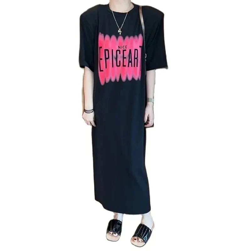 

Fashionable Summer Dresses for Women 2024 New Letter Printed Short Sleeve T-shirt Loose and Slim Fit Over Knee Lazy Dress