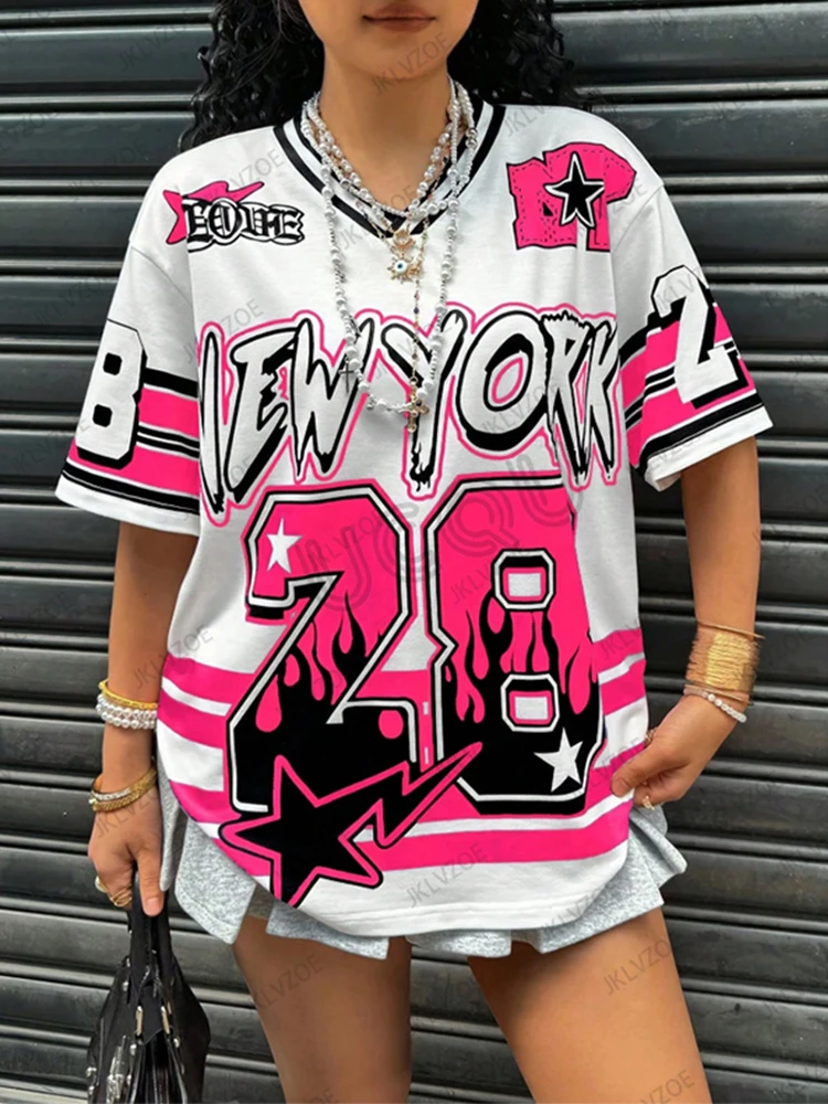 Oversized T-shirt For Women V-Neck Short Sleeve Summer Patchwork New York 28 Print Casual Tees Sports Football Jersey Y2k Tops 1