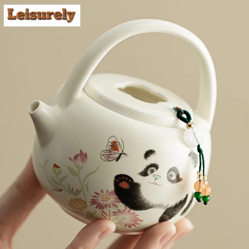 203ml Cream Ding Kiln Panda Playing Butterfly Teapot Elegant Tea Infuser Pot Tea Soaking Kettle With Strainer Tea Services Gift