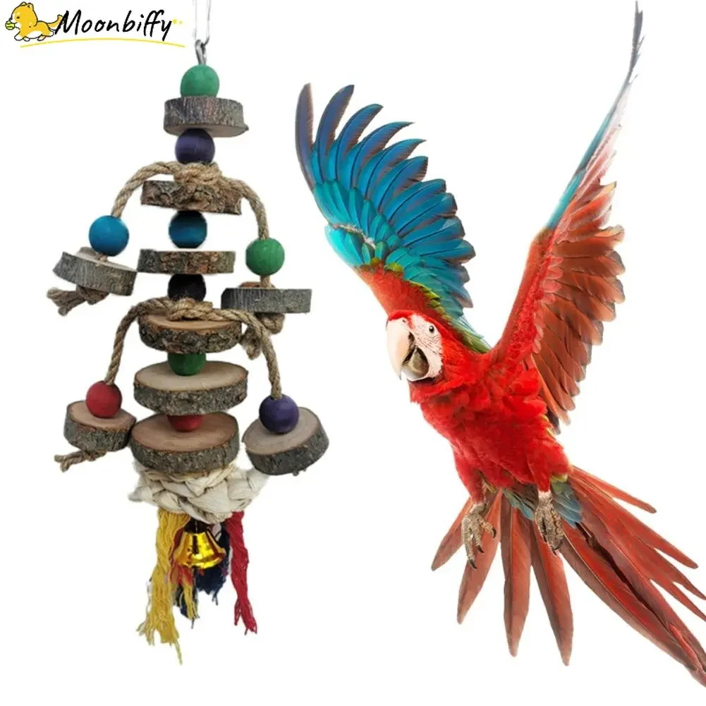 SafeParrotChewToywithHookColorfulWoodenBeadsRopesNatural