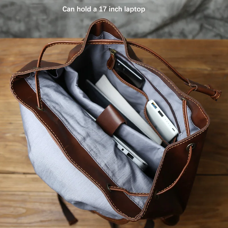 NZPJ Vintage Genuine Leather Men's Backpack Crazy Horse Leather Backpack Natural Cowhide Parachute Bag  Large Capacity Laptop