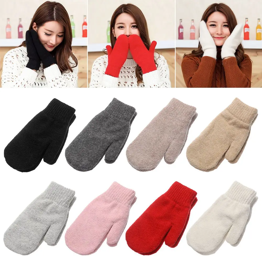 Fashion Solid Color Plush Double Layer Winter Gloves All Fingers Rabbit Hair Mittens