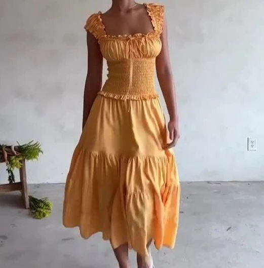 

Women's French Sexy Yellow Pleated U-Neck Dress Women Casual Clothing Female Short Sleeved A-Line Elegant High Waist Dresses