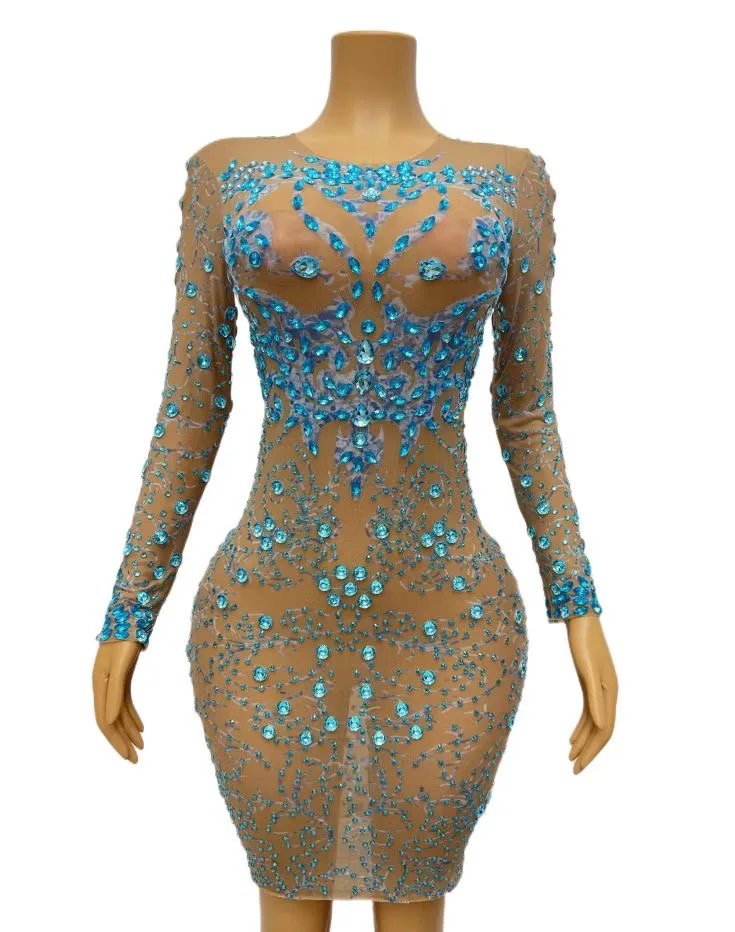 Sexy Sparkly Blue Rhinestones Long Sleevesransparent Dress Evening Birthday CelebrateSexy Stretch Costume lanying  C058
