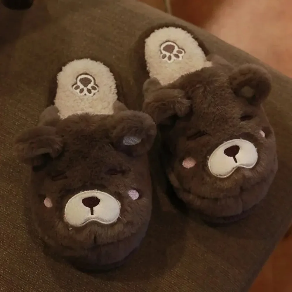 Cartoon Bear Slipper for Women  Winter Indoor Warm Faux Fur Shoes Flip Flops Cute Animals Plush Platform Ladies Home Slippers 5