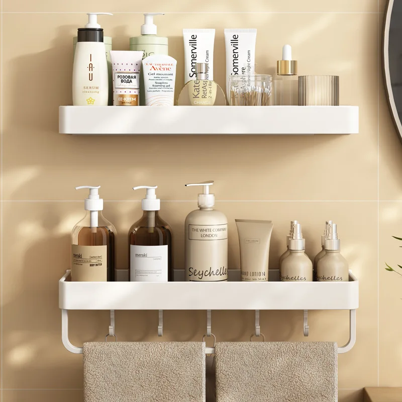 No Punching Bathroom Storage Rack Wall Mounted Shower Shelf Shampoo Makeup  Organizer Shelf Bathroom Toilet Rack With 2 Hooks - AliExpress