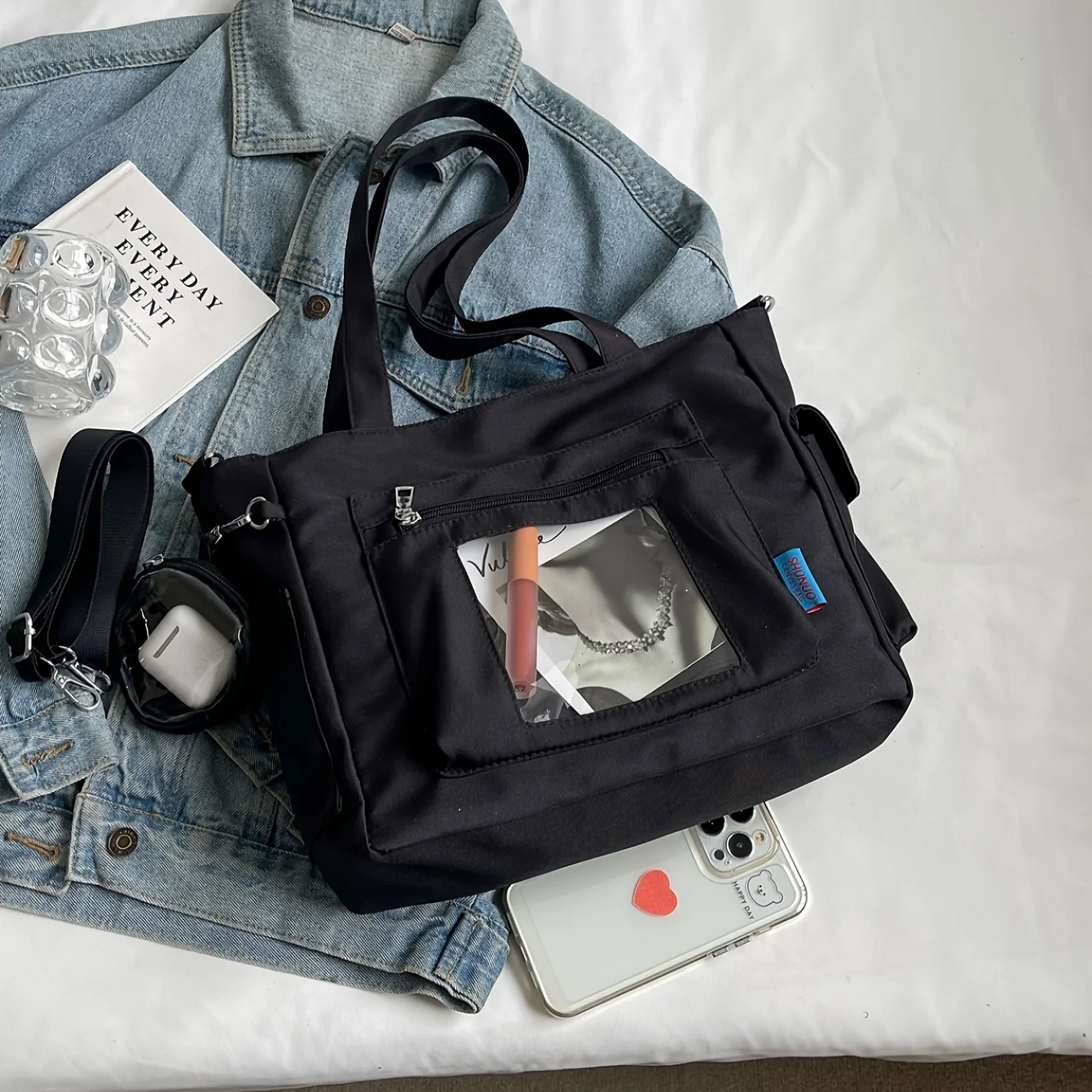 Women's Bag Large Capacity Ita Bag Transparent Nylon Shoulder Bag Daily Commuting With A Transparent Small Bag