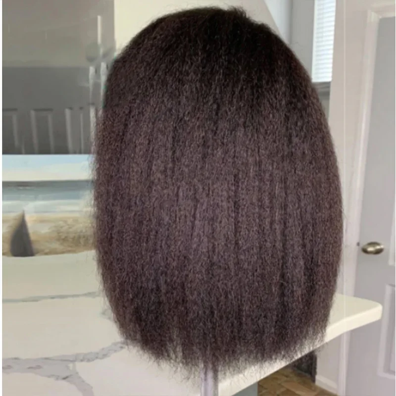 Soft Yaki Preplucked Side/Middle Part Black Color Short 16Inch 180Density Kinky Straight 13x4 Lace Front Wig Synthetic