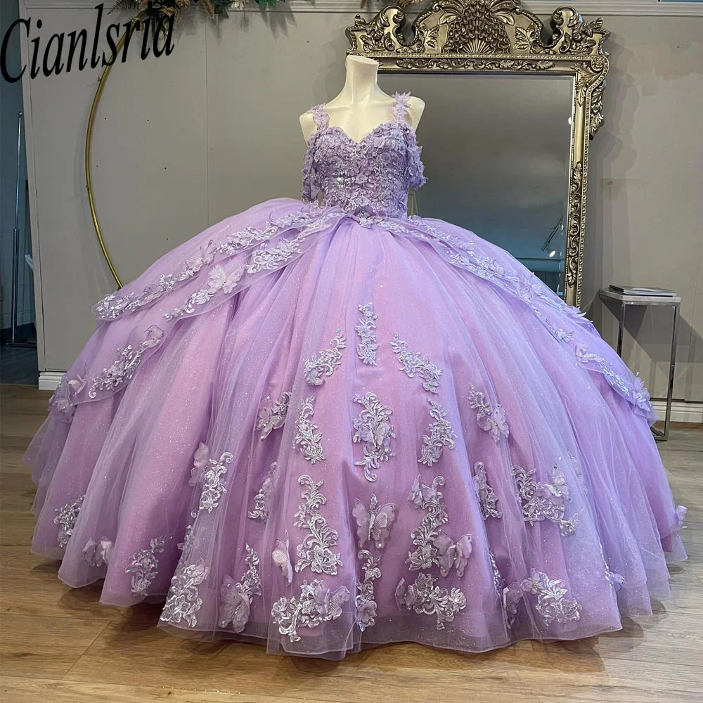 

Lilac Ball Gown Quinceanera Dress Spaghetti Sequined Appliques Lace Vestidos De 15 Años