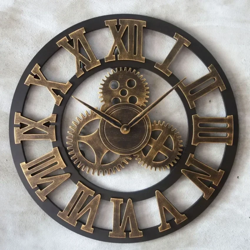 Vintage Industrial Wall Clock – 3D Gears Design with Roman Numerals, Retro Gold & Silver Finish 2