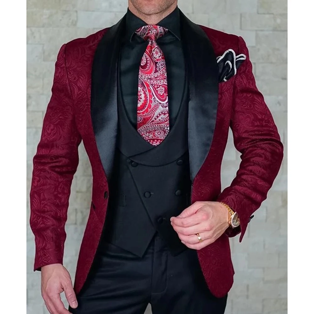 

Formal Wedding Tuxedo Groom Wear Mens Suits Slim Fit Burgundy Jacquard Jacket +Vest+Pants 3 Pieces Set Costume Homme Mariage