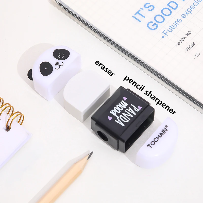 1pcs Kawaii Black White Panda Shape Rubber Pencil Erasers with Sharpener Student Kids Prizes Stationery School Supply Cute