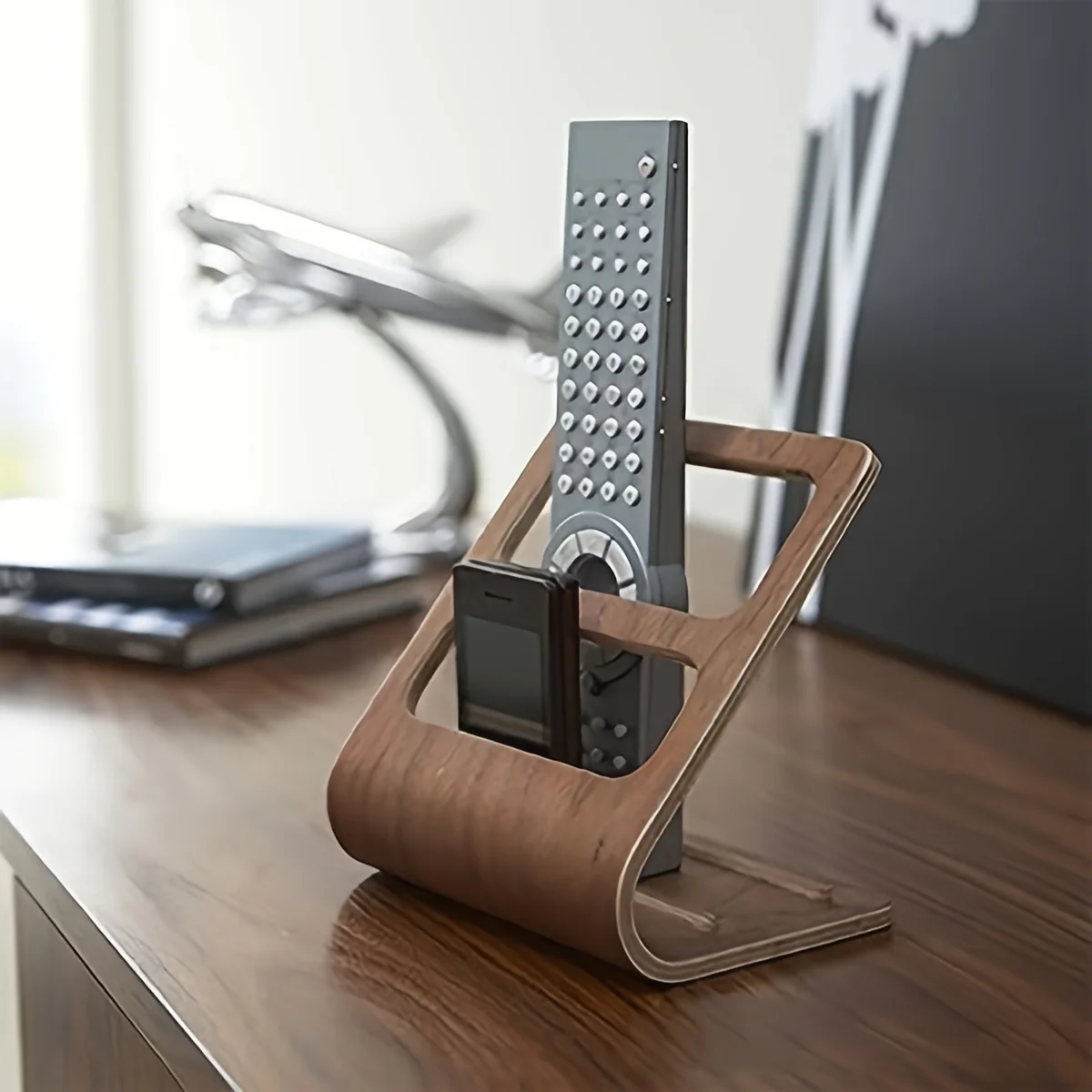 Wooden Remote Control Organizer with Dual-Slot Media Storage