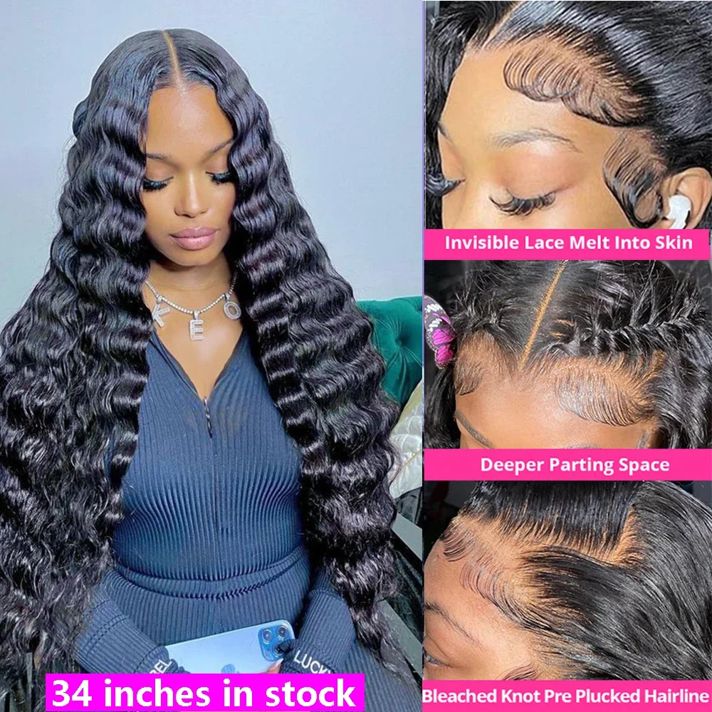 PICKU Loose Deep Wave HD Transparent 13x6 Lace Front Human Hair Wig 34Inch Water Curly Brazilian Remy 13x4 Frontal Wig For Women