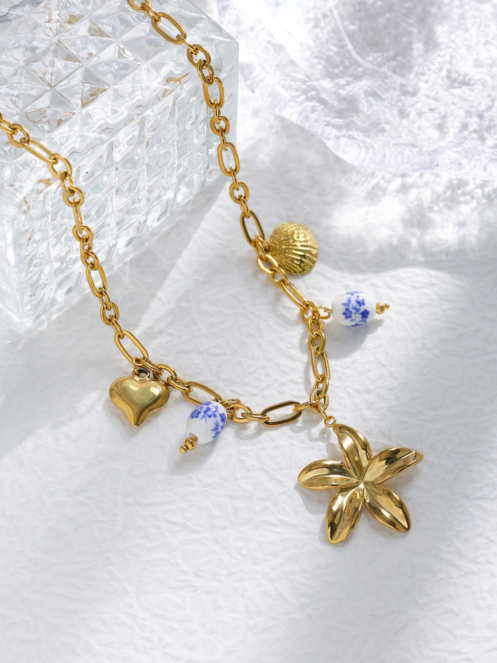 Flower Blue and White Porcelain Shell Heart Pendant Stainless Steel Necklace Women DIY Creative Design Necklace Jewelry Gift