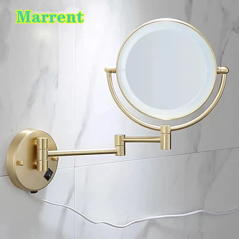 8 Inches Round Brushed Gold 5x Magnifying Bathroom Makeup Mirrors with Led Light Dual Arm Extending Shower Mirror for Bathroom