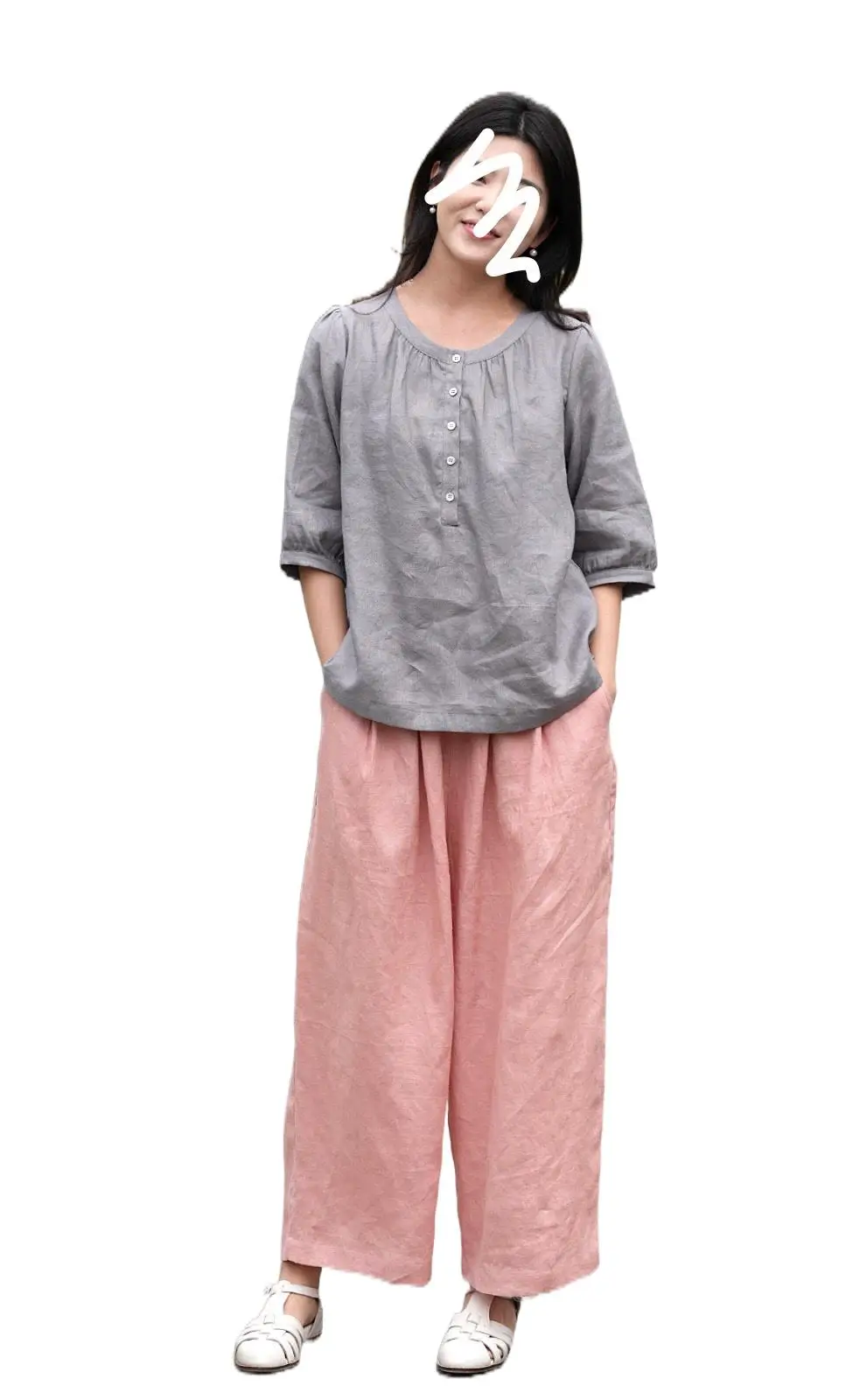 

QIWN Women's Clothing In the summer, the new round collar sleeve shirt match wide-legged pants suit 0729