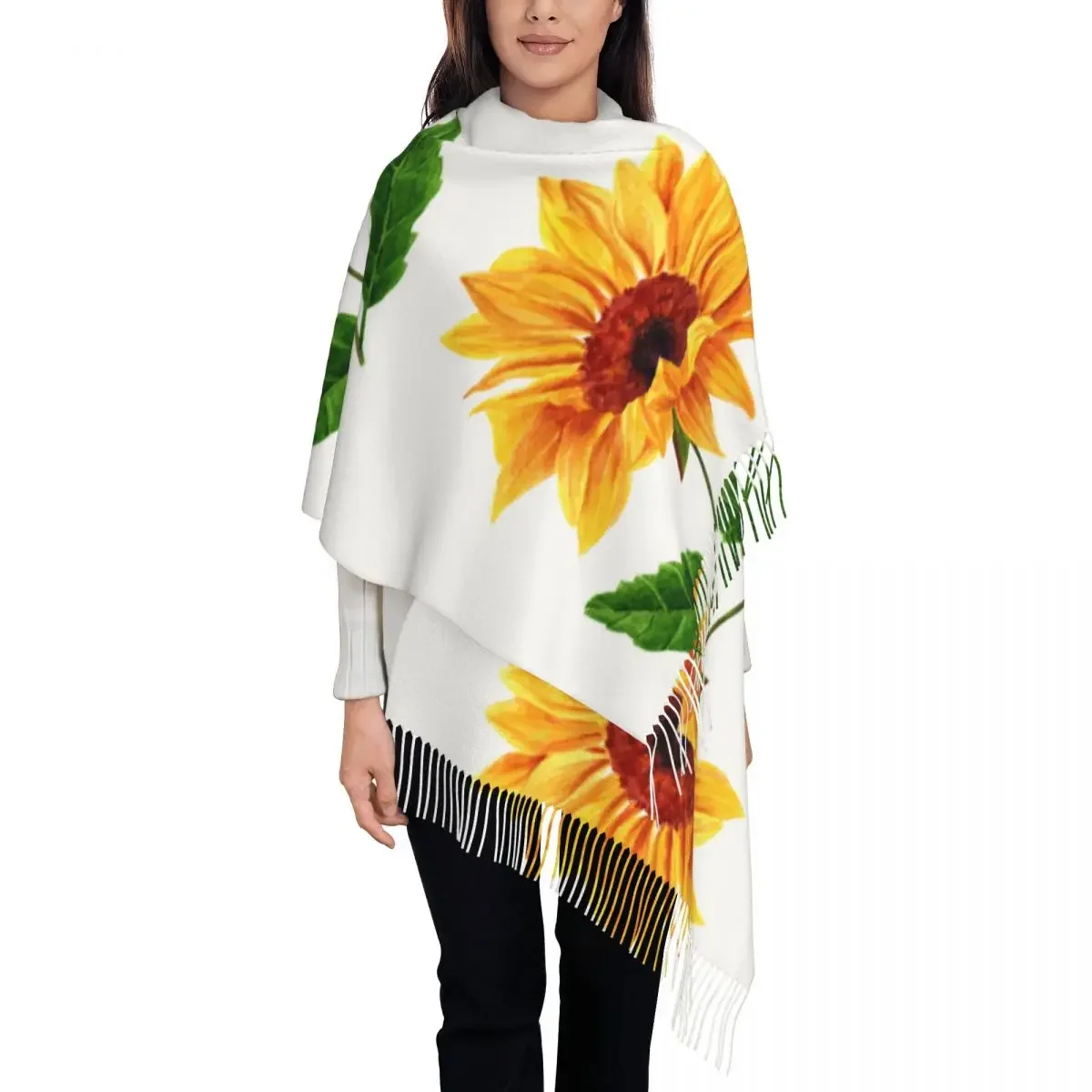 

Personalized Printed Watercolor Yellow Sunflower With Green Leaves Long Pile Fringe Men Scarf Women'S Anti Chill