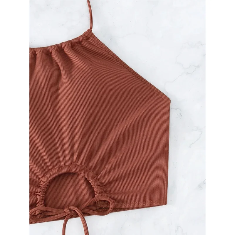 2023 New Two Pieces Sets Swimwear Women Beach Sexy Lace Up Bikini Set Female Solid Color Swimsuit Beachwear Bathing Suit